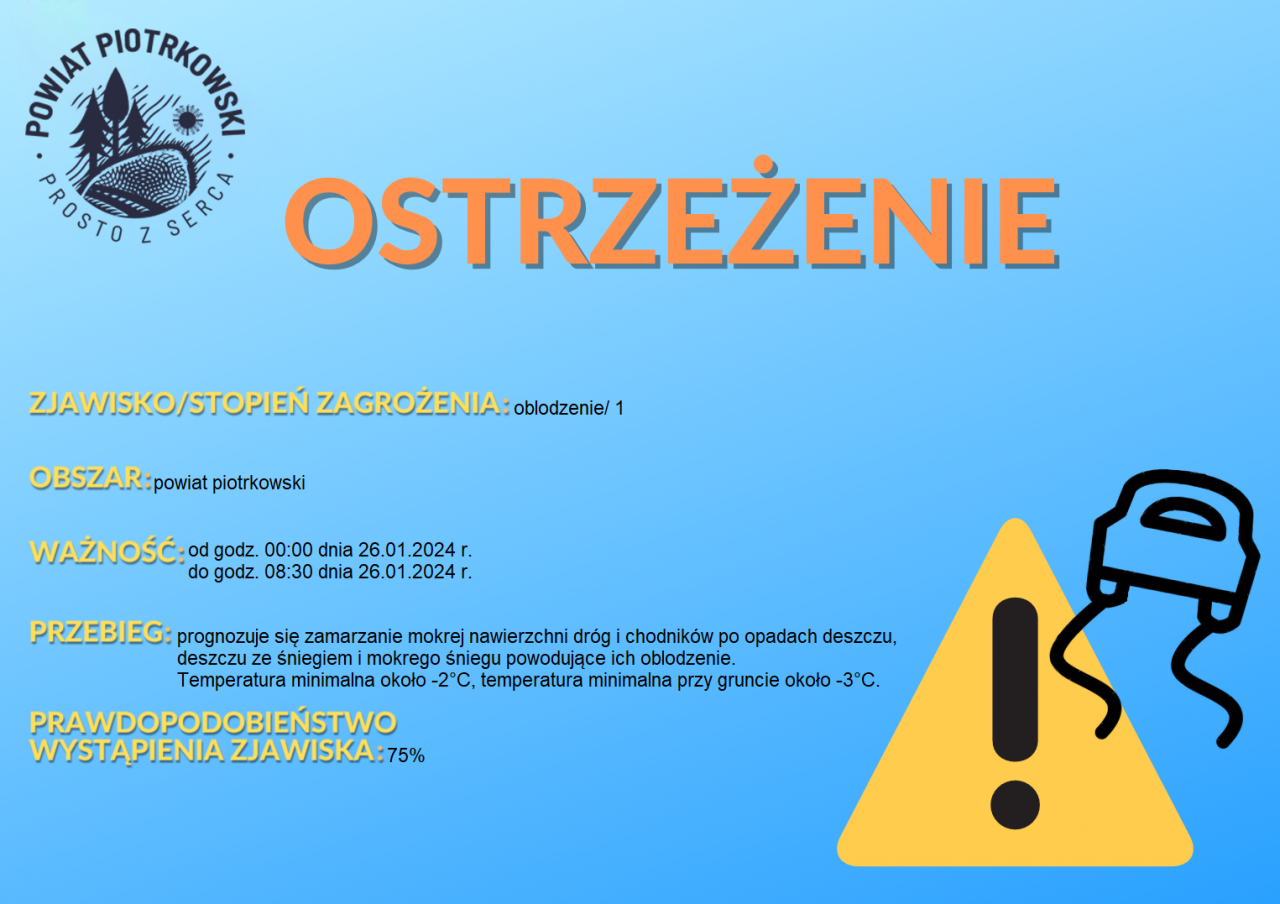 Grafika ostrzegająca o oblodzeniu na terenie powiatu piotrkowskiego. Treść ostrzeżenia znajduje się w poście. 
