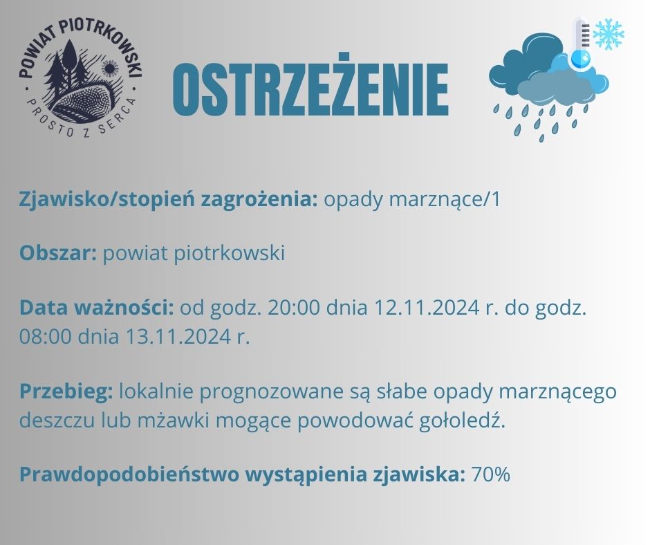 Grafika ostrzegająca o opadach marznących na terenie powiatu piotrkowskiego. Treść ostrzeżenia znajduje się w poście. 