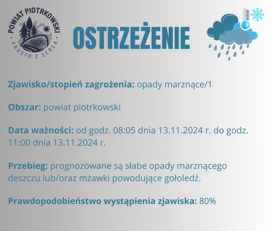 Grafika ostrzegająca o opadach marznących na terenie powiatu piotrkowskiego. Treść ostrzeżenia znajduje się w poście. 