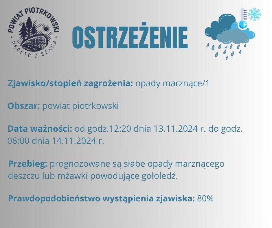 Grafika ostrzegająca o opadach marznących na terenie powiatu piotrkowskiego. Treść ostrzeżenia znajduje się w poście. 