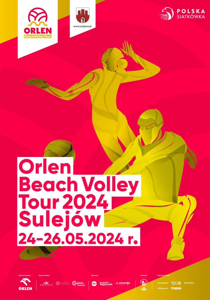 Czerwony plakat przedstawiający osoby grające w siatkówkę. Główny napis: Orlen Beach Volley Tour 2024 Sulejów 24 maja do 26 maja 2024 rok.