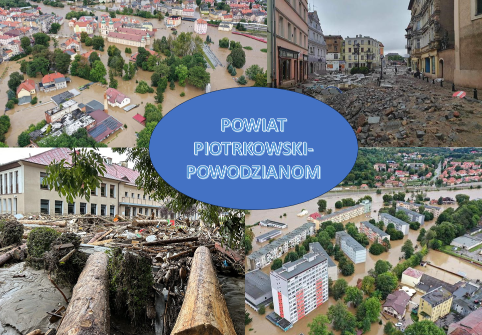 Zdjęcia z miejsc powodzi i napis powiat piotrkowski powodzianom