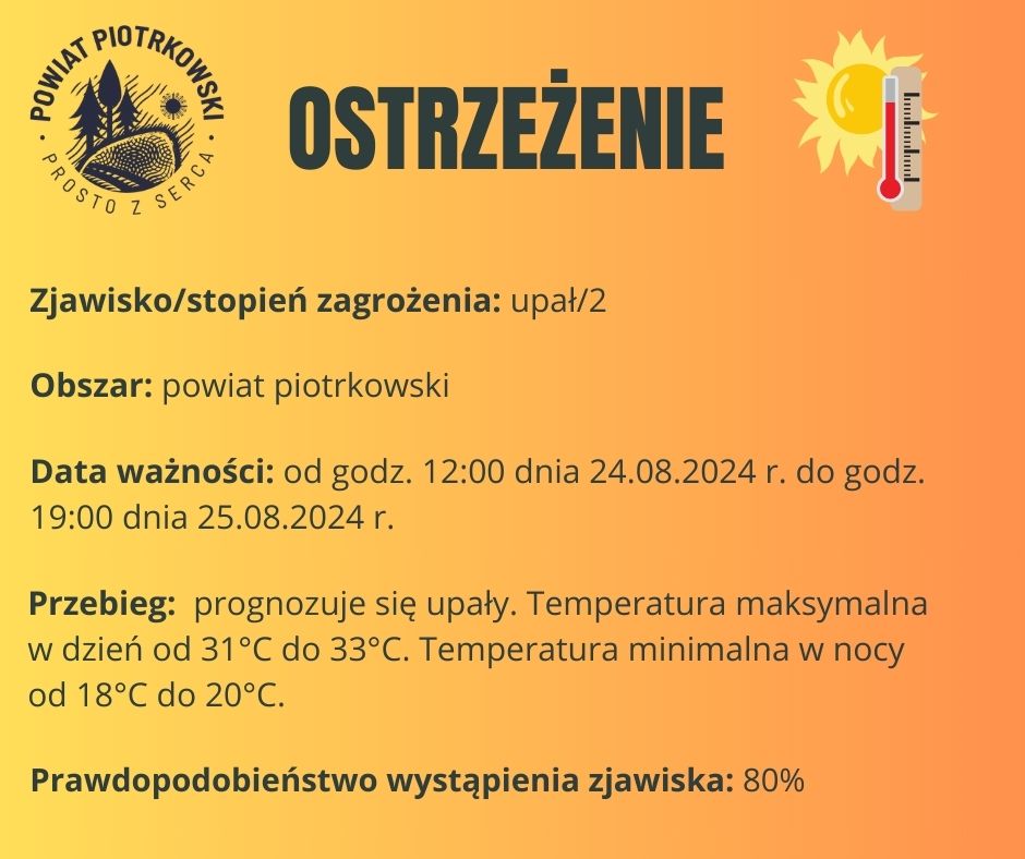 Grafika ostrzegająca o upałach na terenie powiatu piotrkowskiego. Treść ostrzeżenia znajduje się w poście. 