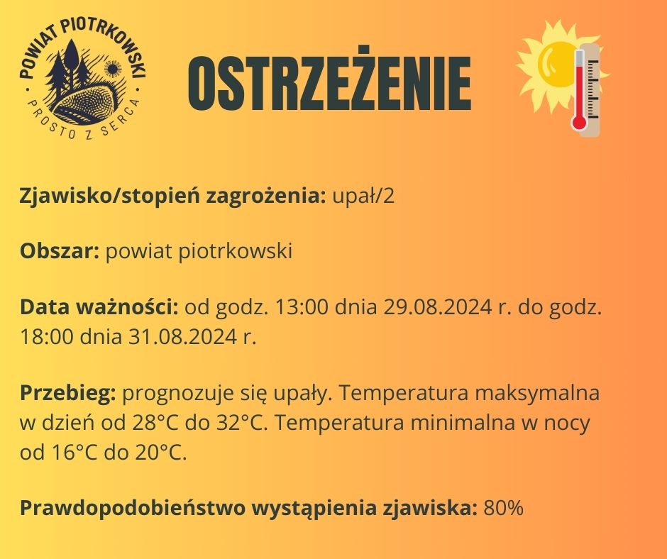 Grafika ostrzegająca o upałach na terenie powiatu piotrkowskiego. Treść ostrzeżenia znajduje się w poście. 