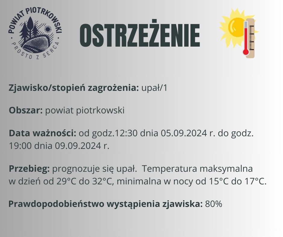 Grafika ostrzegająca o upałach na terenie powiatu piotrkowskiego. Treść ostrzeżenia znajduje się w poście.