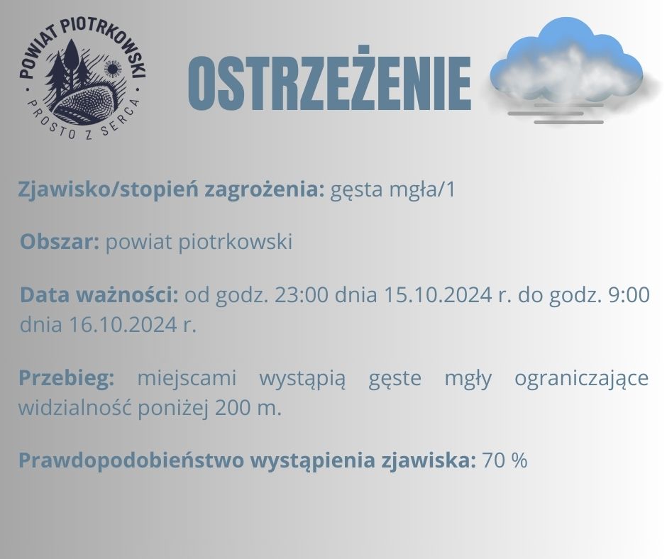 Grafika przedstawiająca ostrzeżenie przed gęstą mgłą mogącą wystąpić na terenie powiatu piotrkowskiego. Treść ostrzeżenia znajduje się w poście.