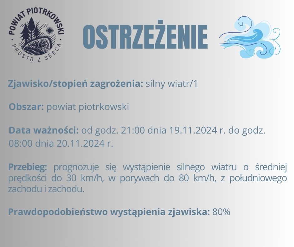 Grafika ostrzegająca o silnym wietrze na terenie powiatu  piotrkowskiego. Treść ostrzeżenia znajduje się w poście.