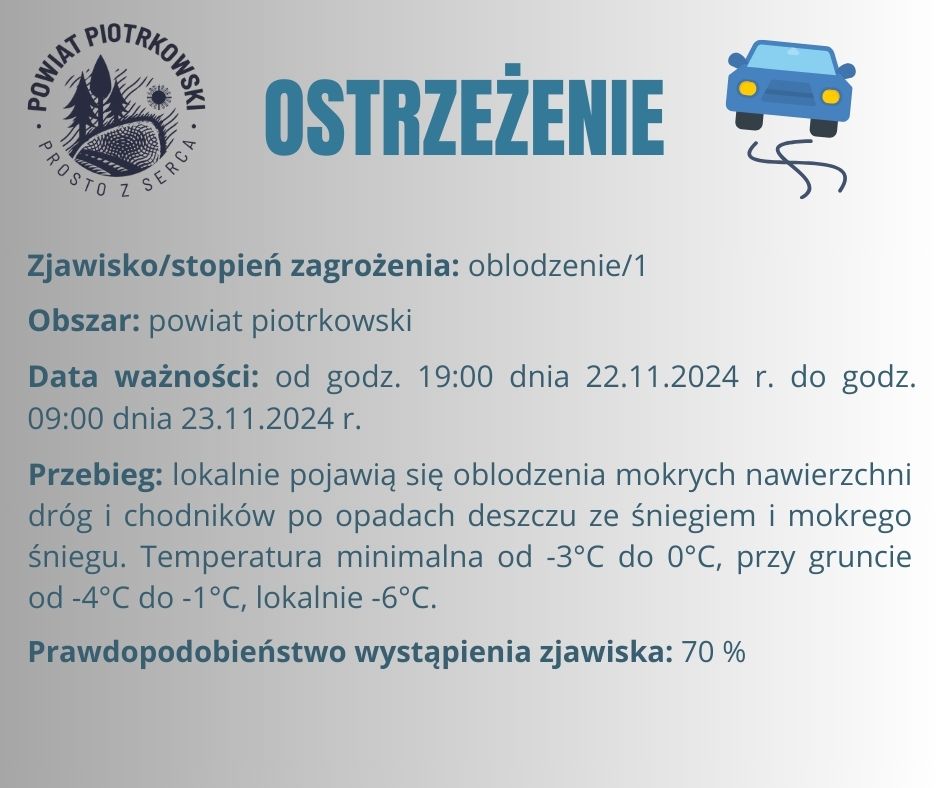 Grafika ostrzegająca o oblodzeniach na terenie powiatu piotrkowskiego. Treść ostrzeżenia znajduje się w poście. 