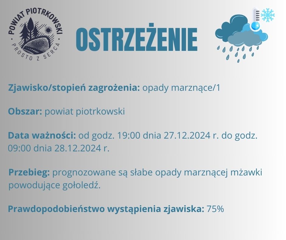 Grafika ostrzegająca o opadach marznących na terenie powiatu piotrkowskiego. Treść ostrzeżenia znajduje się w poście. 