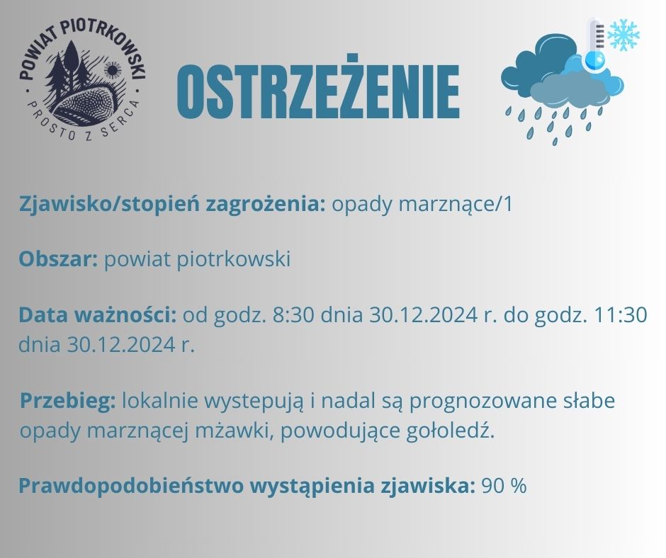 Grafika ostrzegająca o opadach marznących na terenie powiatu piotrkowskiego. Treść ostrzeżenia znajduje się w poście. 