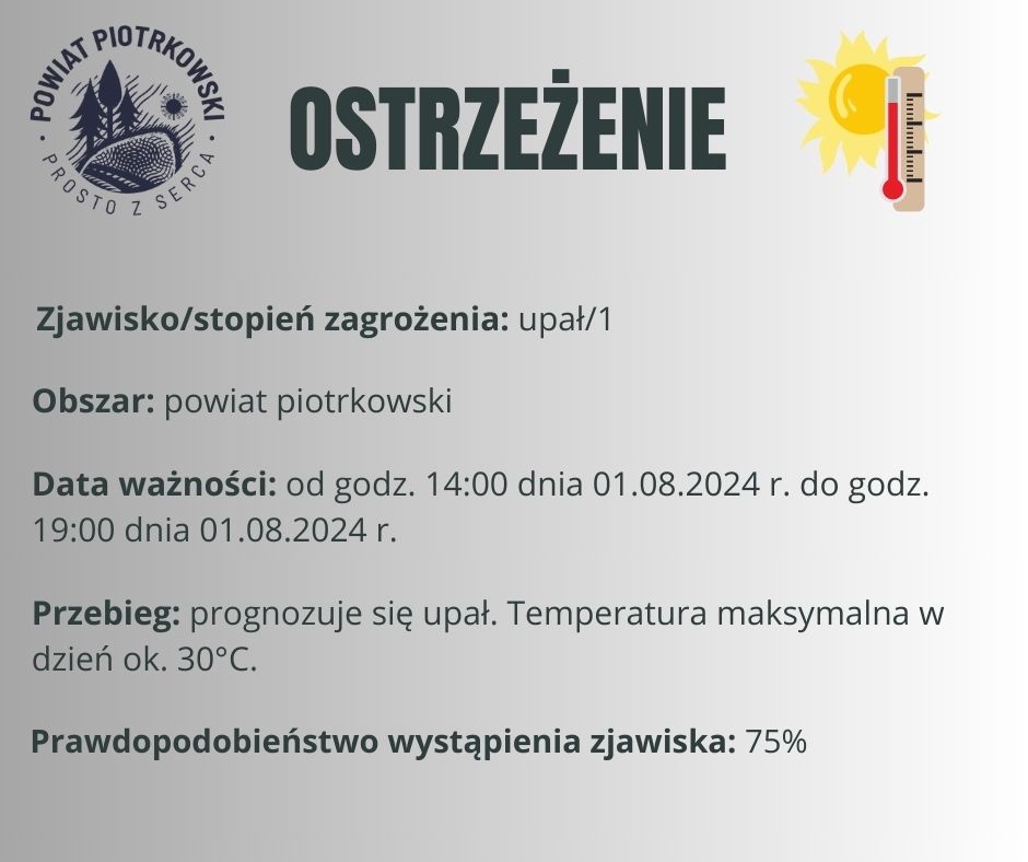 Grafika ostrzegająca o upałach na terenie powiatu piotrkowskiego. Treść ostrzeżenia znajduje się w poście. 