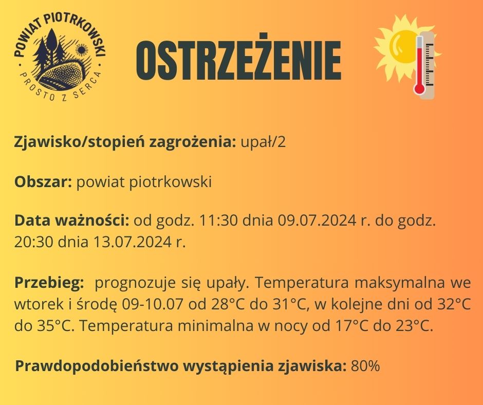 Grafika ostrzegająca o opałach na terenie powiatu piotrkowskiego. Treść ostrzeżenia znajduje się w poście. 