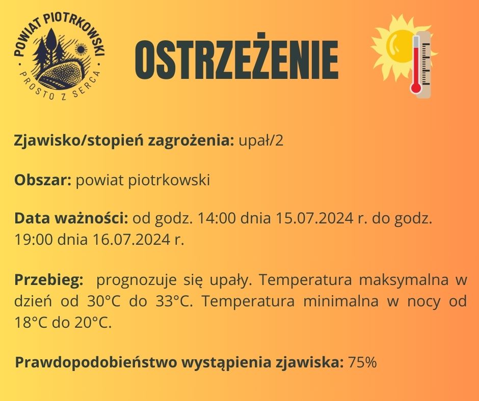 Grafika ostrzegająca o upałach na terenie powiatu piotrkowskiego. Treść ostrzeżenia znajduje się w poście.