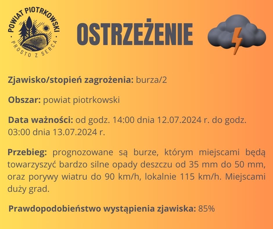 Grafika ostrzegająca o burzach na terenie powiatu piotrkowskiego. Treść ostrzeżenia znajduje się w poście.