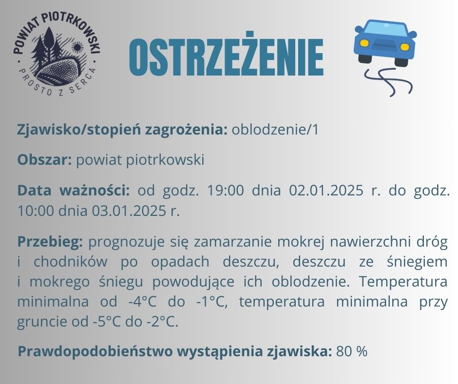 Grafika ostrzegająca o oblodzeniach na terenie powiatu piotrkowskiego. Treść ostrzeżenia znajduje się w poście. 