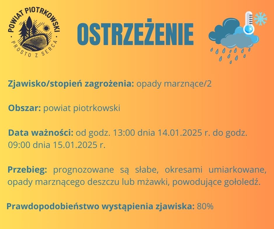 Grafika ostrzegająca o opadach marznących na terenie powiatu piotrkowskiego. Treść ostrzeżenia znajduje się w poście. 