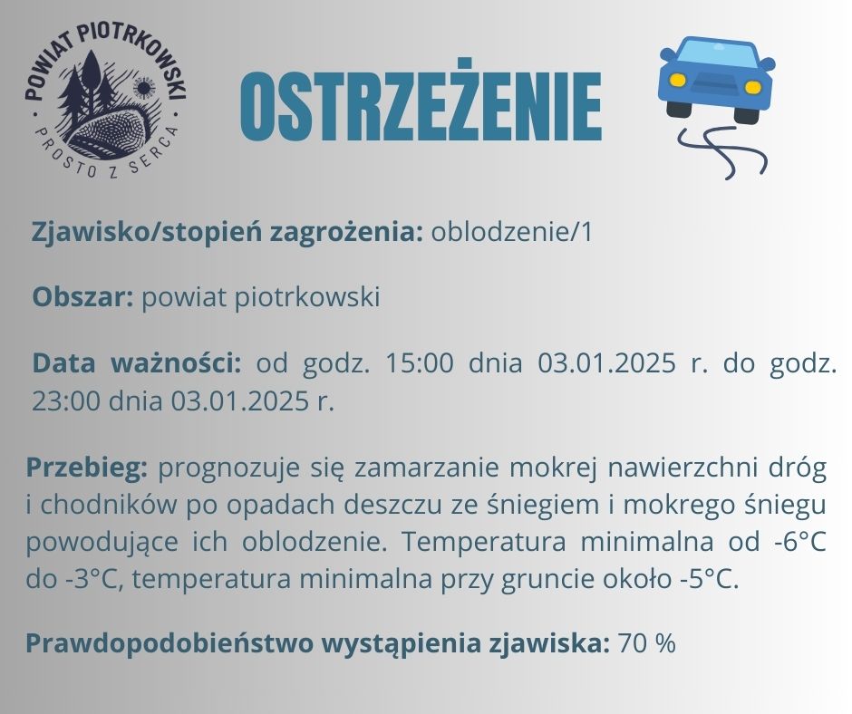 Grafika ostrzegająca o oblodzeniach na terenie powiatu piotrkowskiego. Treść ostrzeżenia znajduje się w poście. 