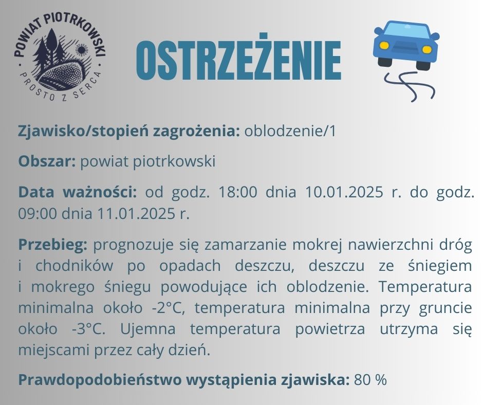 Grafika ostrzegająca o oblodzeniu na terenie powiatu piotrkowskiego. Treść ostrzeżenia znajduje się w poście. 